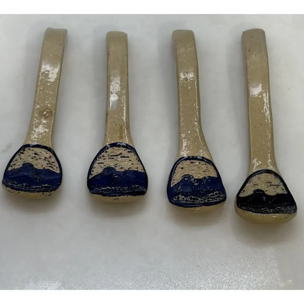 Sylvia Lawson NC Pottery Blue Sgrafitto Small Spoons Signed Pilot Mountain 1993